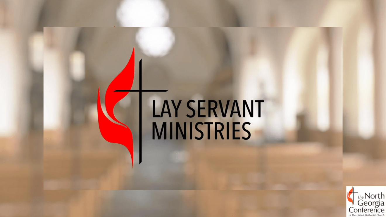cross and flame with Lay Servant Ministries on a blurred church with pews background