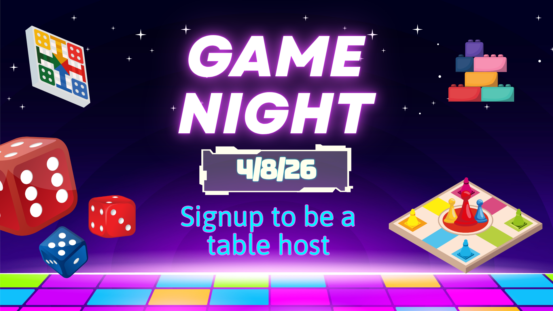 Bright GAME NIGHT poster with float dice and a few game boards