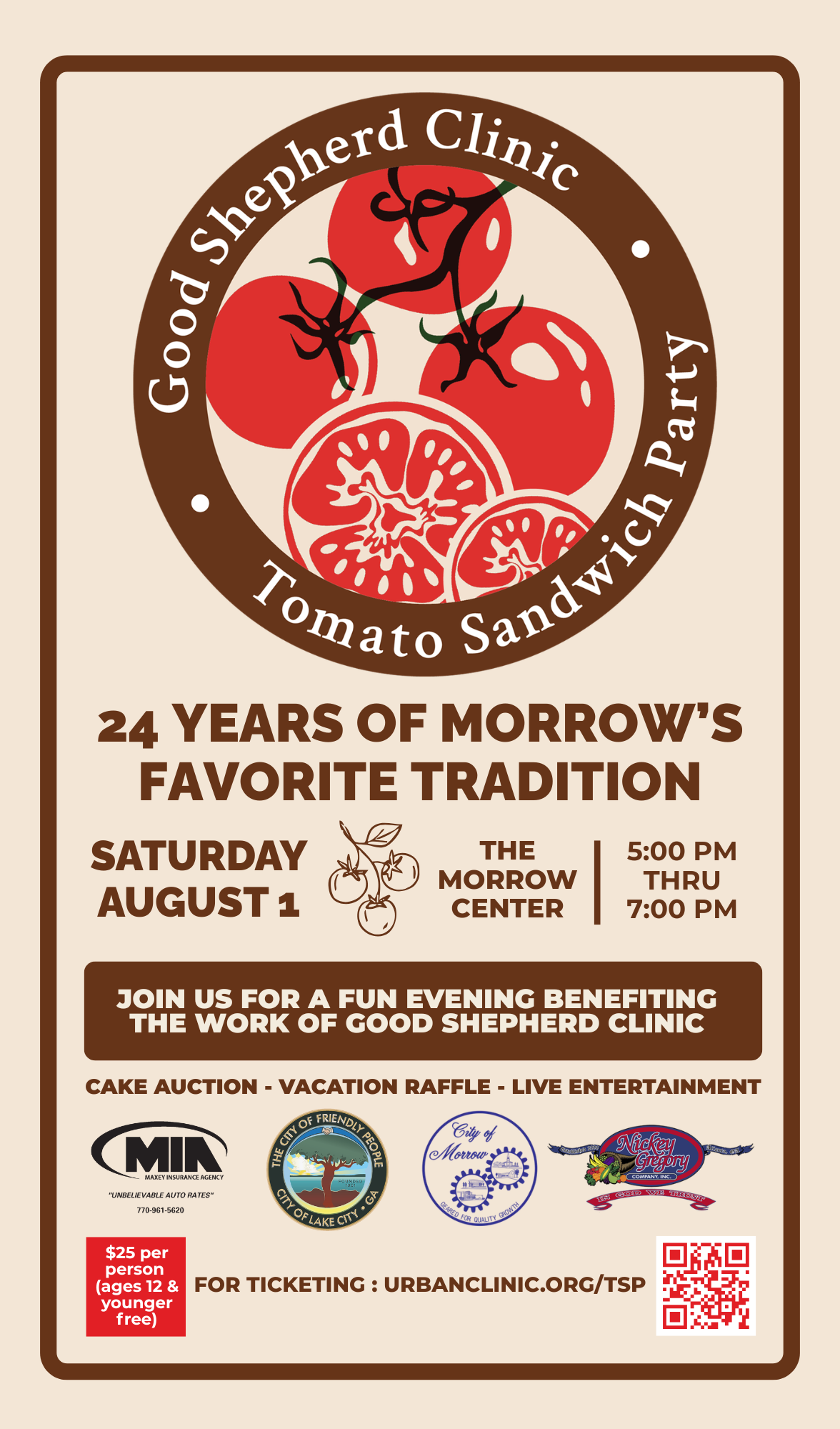 Good Shepherd Clinic Tomato Sandwich Party August 1 at the Morrow Center. visit urbanclinic.org/tsp for tickets